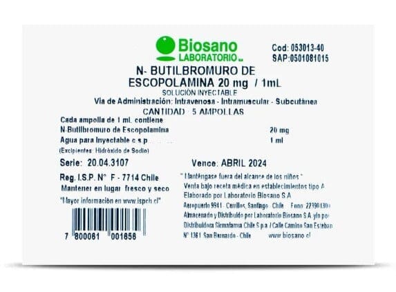 N-butilbromuro de Escopolamina 20 mg/mL solución inyectable x 5 ampollas Farmex-MiaHealth-Persistente